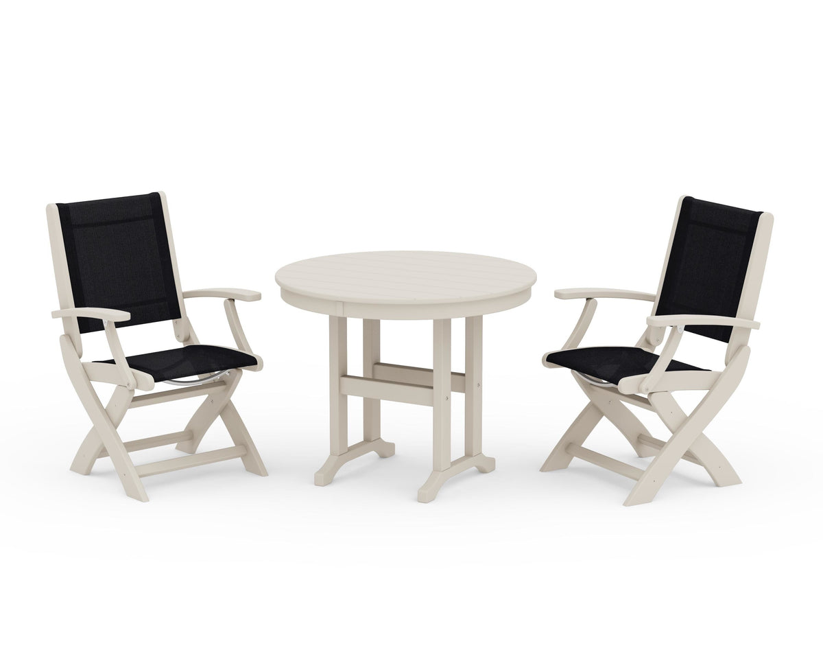 POLYWOOD Coastal Folding Chair 3-Piece Round Dining Set in Sand / Black