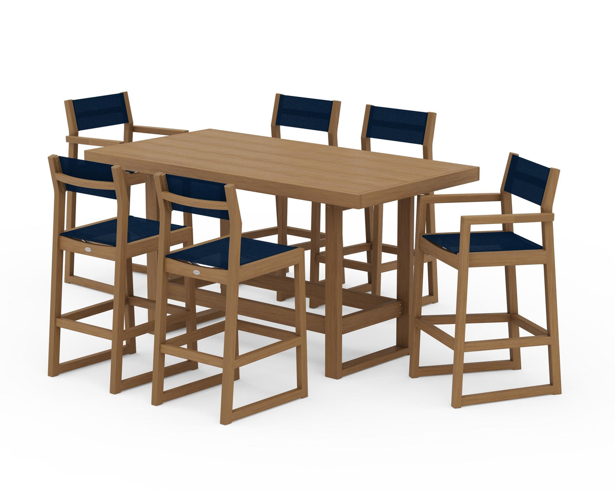 POLYWOOD EDGE Sling 7-Piece Bar Table Set in Natural / Navy Blue