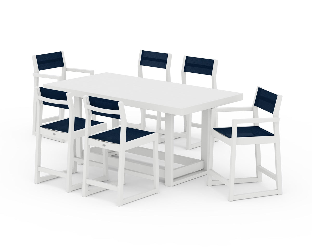 POLYWOOD EDGE Sling 7-Piece Counter Table Set in White / Navy Blue