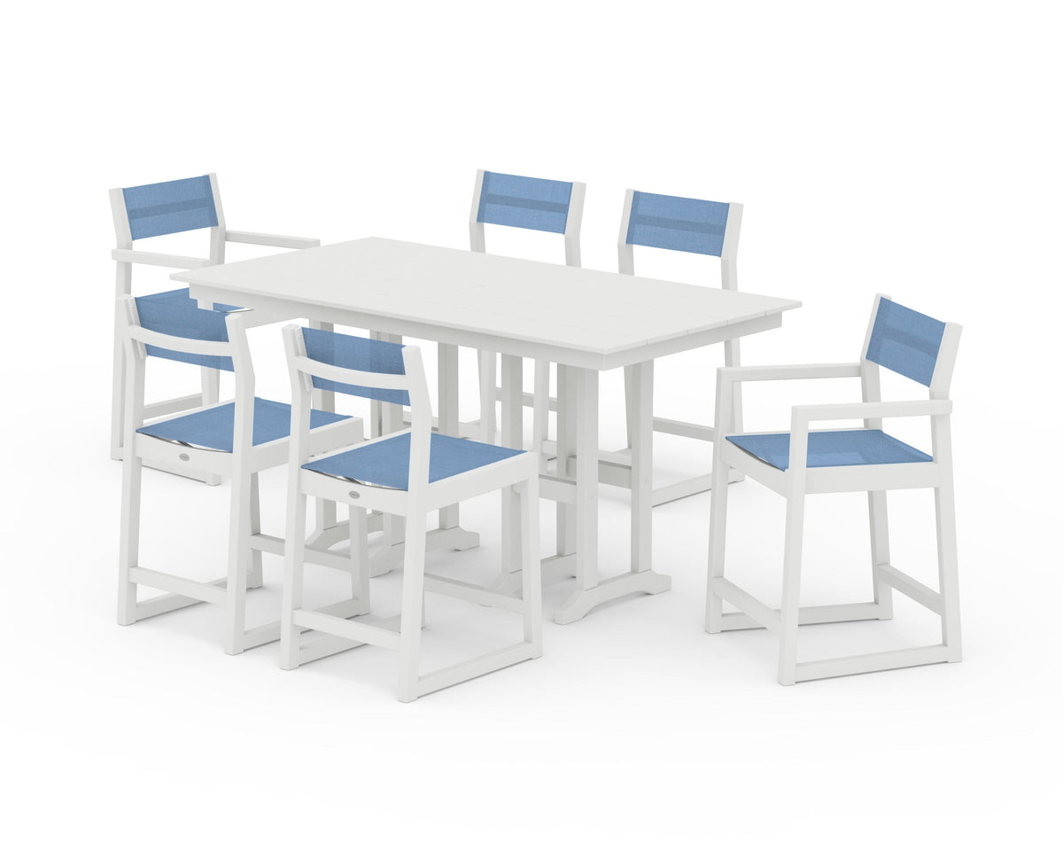 POLYWOOD EDGE Sling 7-Piece Farmhouse Counter Set with Trestle Legs in Vintage White / Poolside