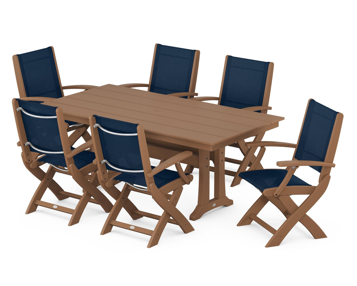 POLYWOOD Coastal Folding Arm Chair 7-Piece Farmhouse Dining Set with Trestle Legs in Teak / Navy Blue