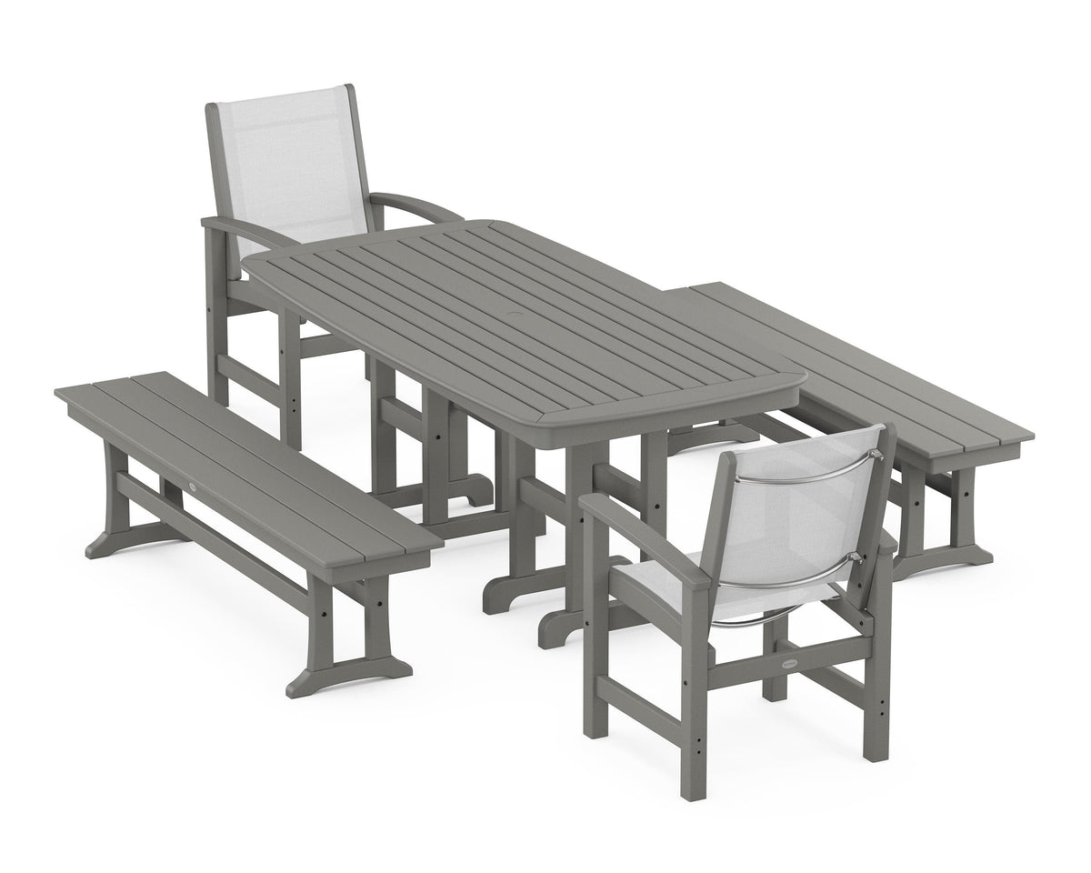 POLYWOOD Coastal 5-Piece Dining Set with Nautical 37" x 72" Dining Table in Slate Grey / White