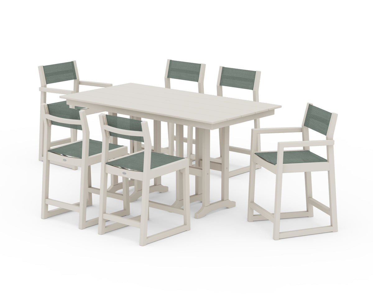 POLYWOOD EDGE Sling 7-Piece Farmhouse Counter Set with Trestle Legs in Sand / Dupioni Sea Mist