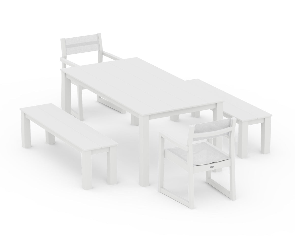 POLYWOOD EDGE Sling Arm Chair 5-Piece Parsons Dining Set with Benches in White / White