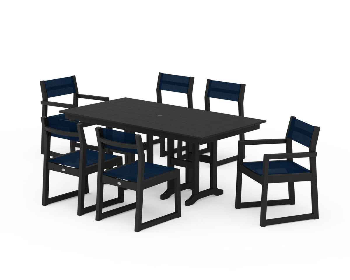 POLYWOOD EDGE Sling 7-Piece Farmhouse Dining Set in Black / Navy Blue