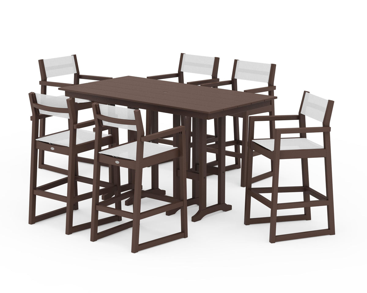 POLYWOOD EDGE Sling Arm Chair 7-Piece Farmhouse Bar Set in Mahogany / White