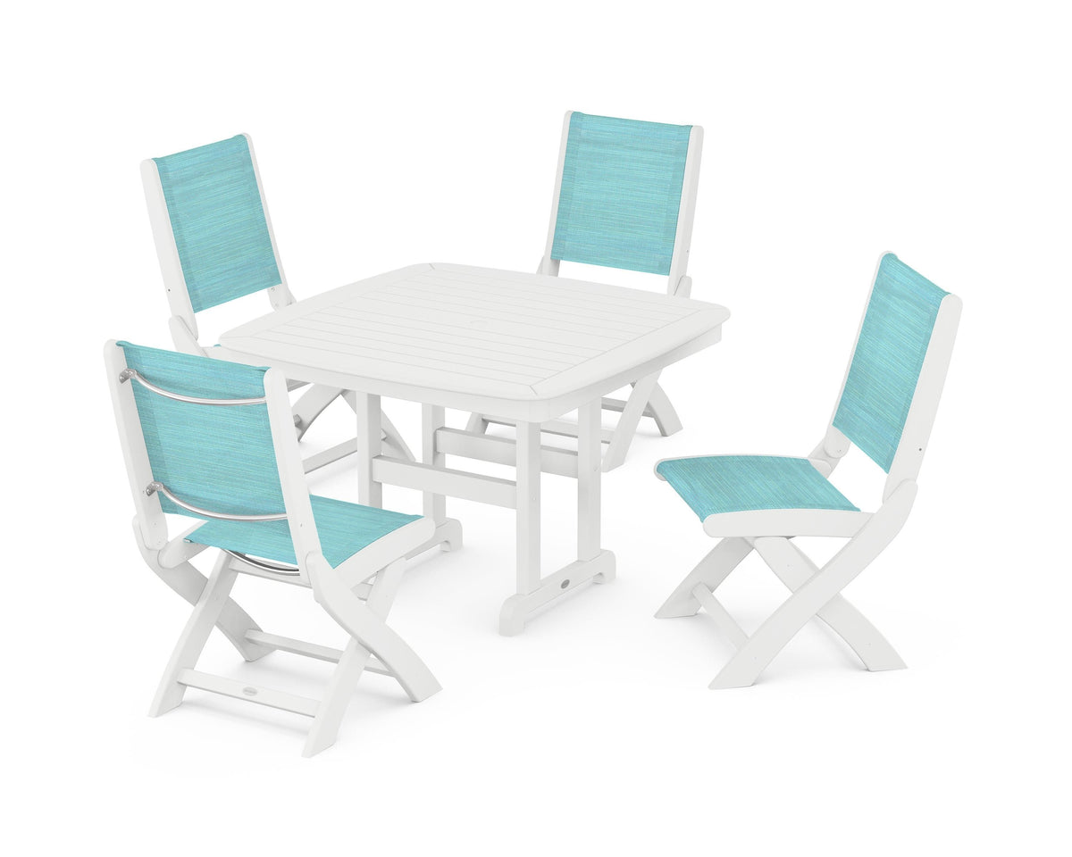 POLYWOOD Coastal Folding Side Chair 5-Piece Dining Set with Nautical 44" Dining Table in White / Dupioni Aquamarine