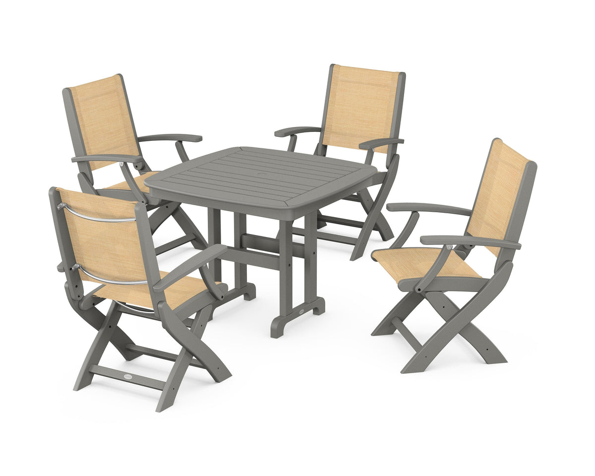 POLYWOOD Coastal Folding Chair 5-Piece Dining Set with Nautical 37" Dining Table in Slate Grey / Dupioni Apricot