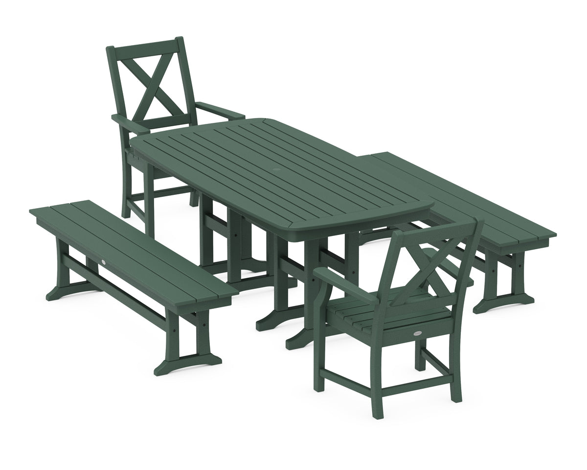 POLYWOOD Braxton 5-Piece Dining Set with Benches - 37" x 72" Table in Green
