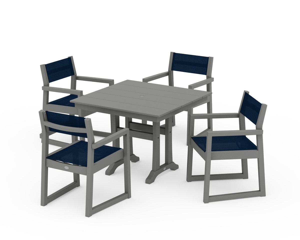 POLYWOOD EDGE Sling 5-Piece Farmhouse Dining Set with Trestle Legs in Slate Grey / Navy Blue