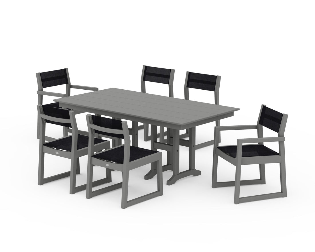 POLYWOOD EDGE Sling 7-Piece Farmhouse Dining Set in Slate Grey / Black