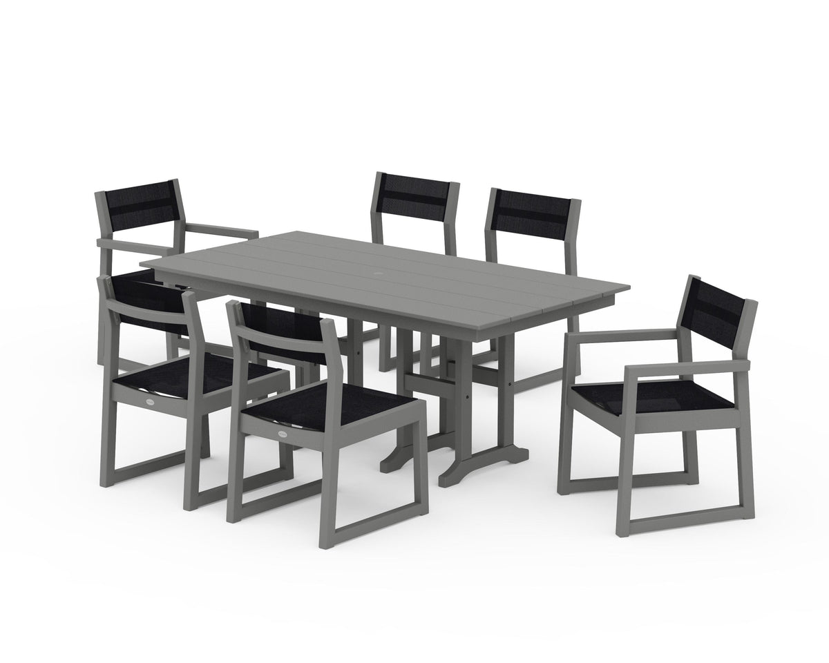 POLYWOOD EDGE Sling 7-Piece Farmhouse Dining Set in Slate Grey / Black