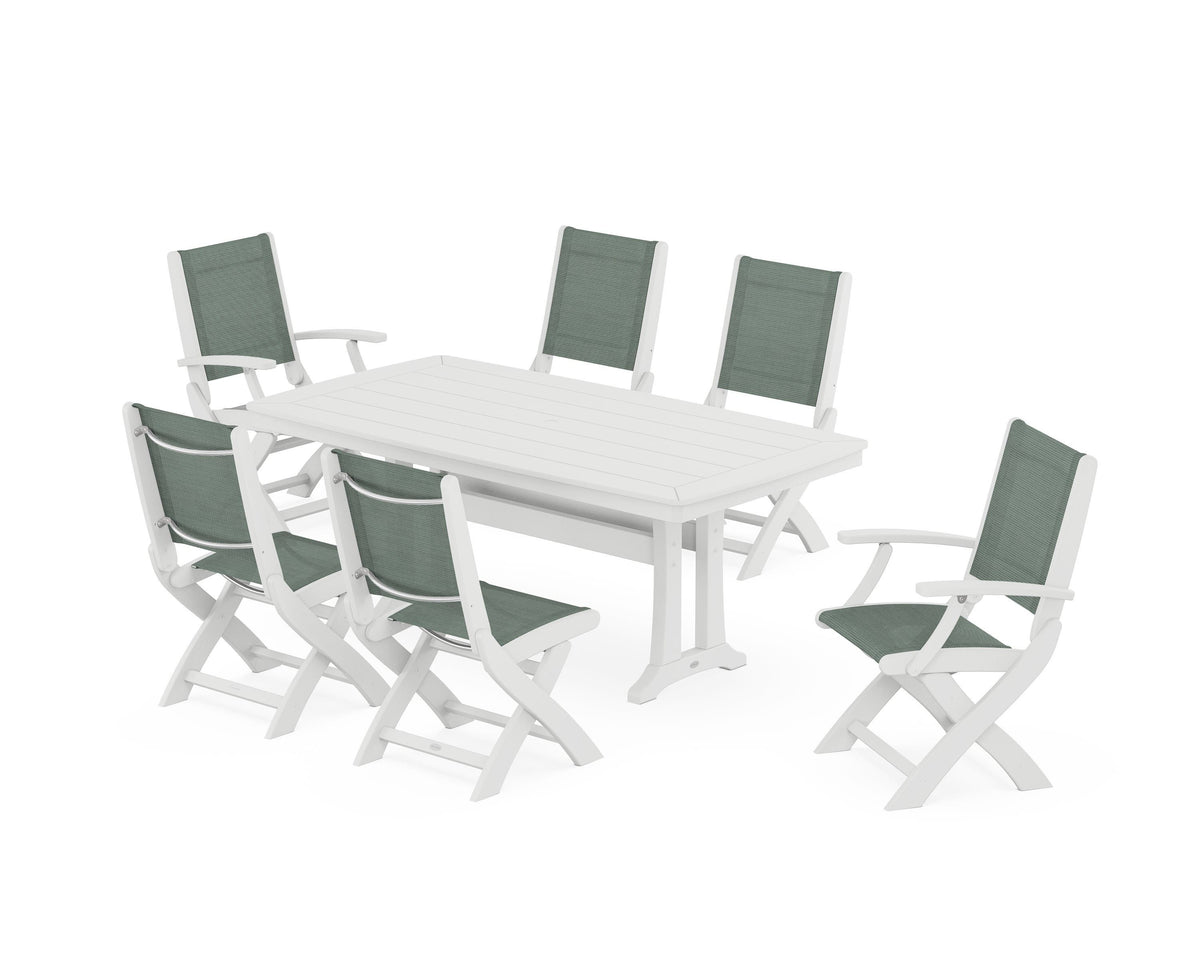 POLYWOOD Coastal Folding Chair 7-Piece Dining Set with Trestle Legs with Nautical Trestle 38" x 73" Dining Table in White / Dupioni Sea Mist
