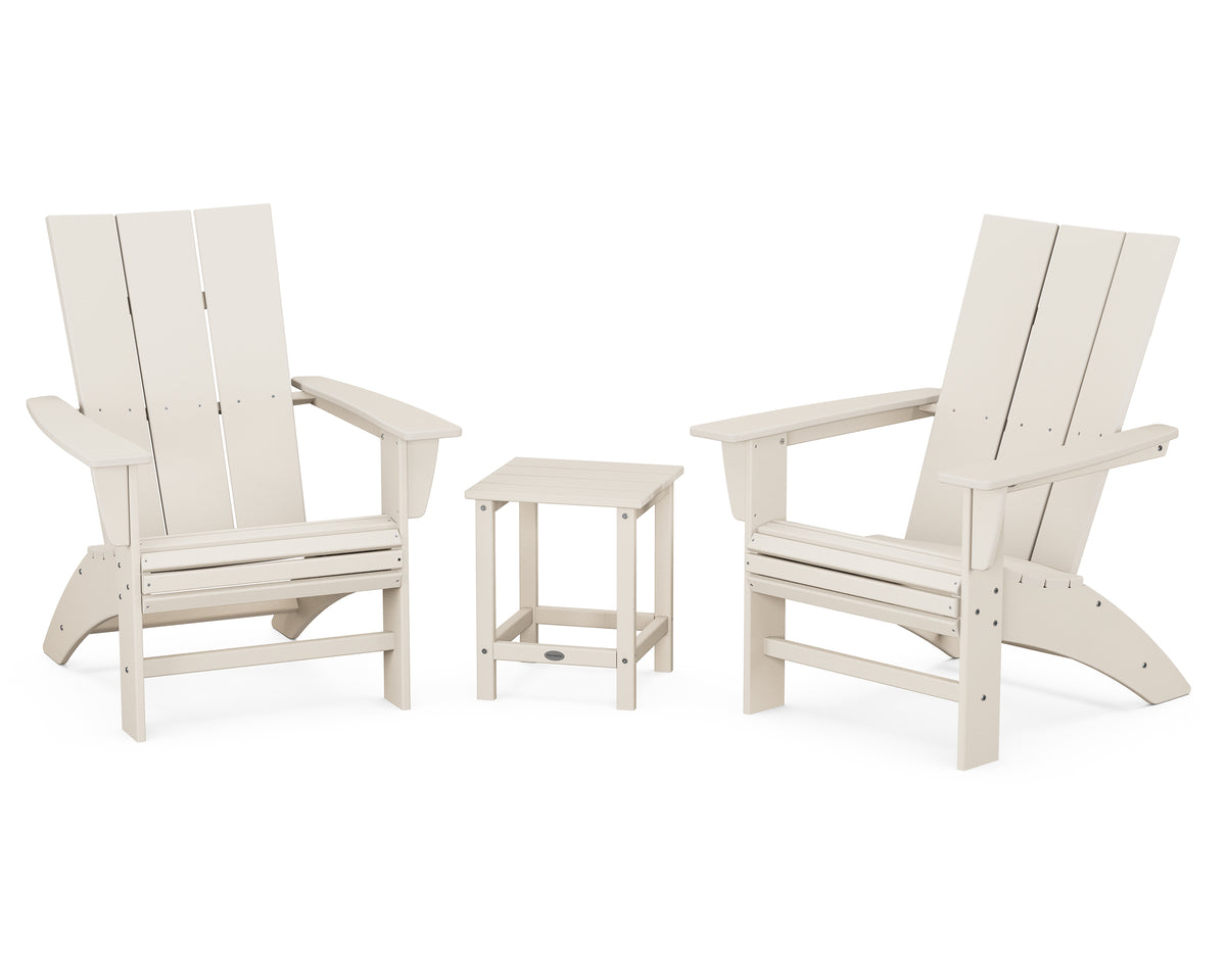 POLYWOOD Modern 3-Piece Curveback Adirondack Set With Long Island 18" Side Table in Sand