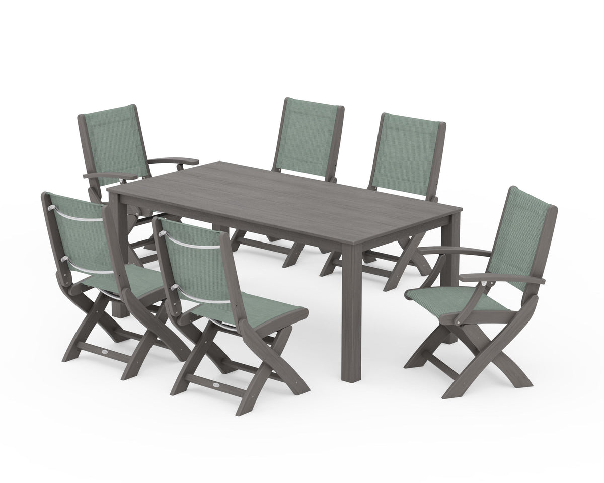 POLYWOOD Coastal Folding Chair 7-Piece Parsons Dining Set with Coastal Folding Side Chair in Driftwood / Dupioni Sea Mist