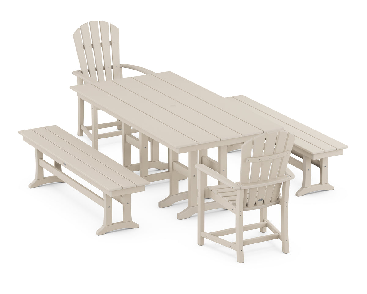 POLYWOOD Palm Coast 5-Piece Farmhouse Dining Set with Benches in Sand