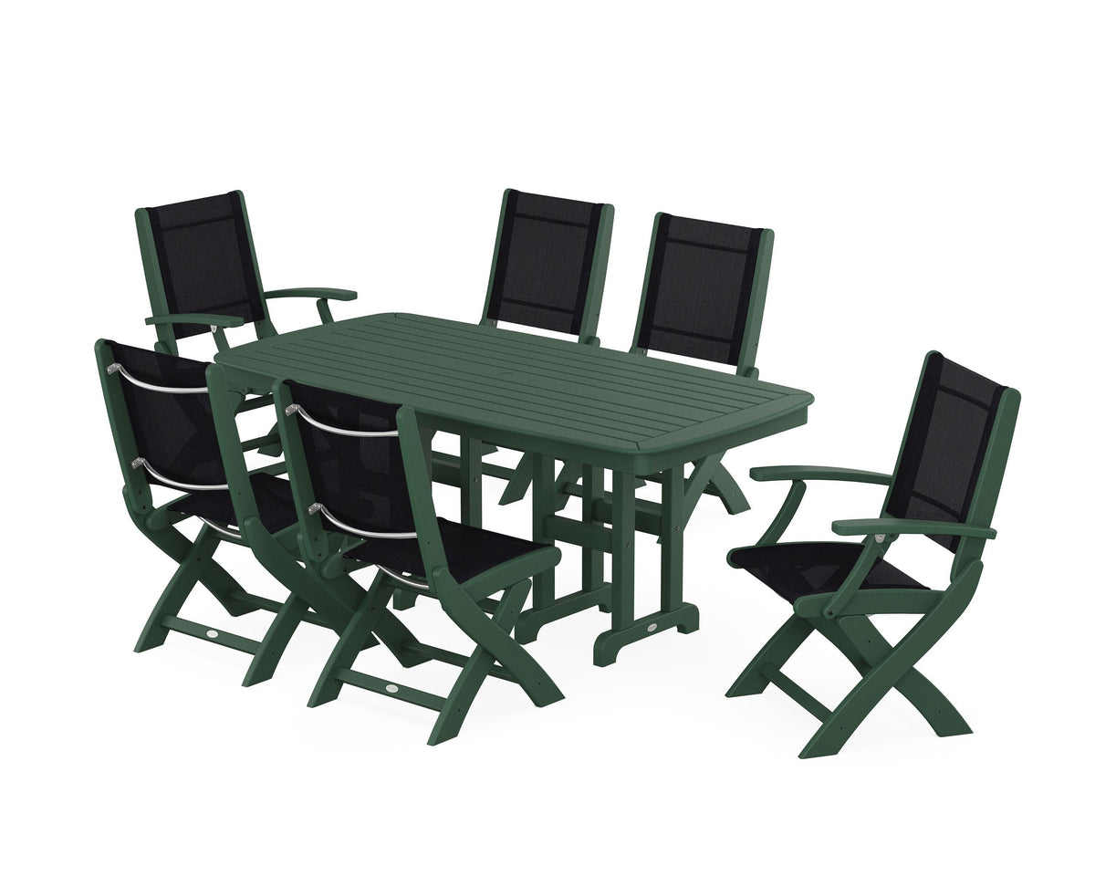 POLYWOOD Coastal Folding Chair 7-Piece Dining Set in Green / Black