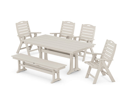 POLYWOOD Nautical Highback 6-Piece Farmhouse Dining Set with Trestle Legs and Bench in Sand