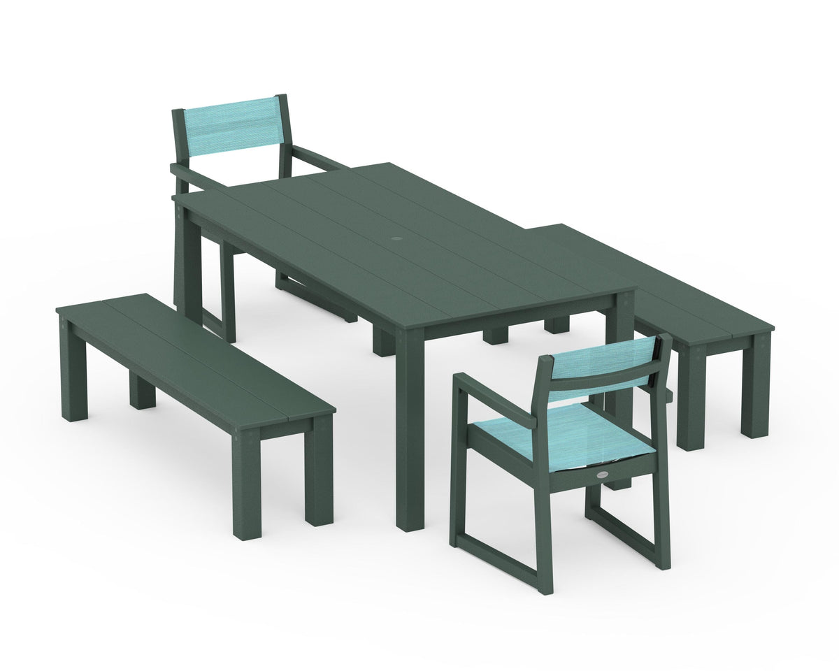 POLYWOOD EDGE Sling Arm Chair 5-Piece Parsons Dining Set with Benches in Green / Dupioni Aquamarine