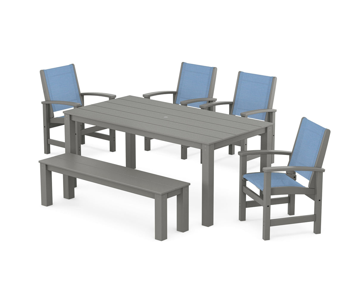 POLYWOOD Coastal 6-Piece Parsons Dining Set with Bench in Slate Grey / Poolside