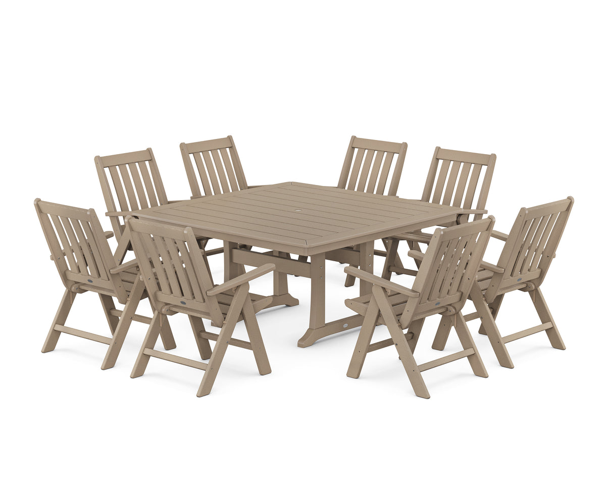 POLYWOOD Vineyard Folding Chair 9-Piece Square Dining Set with Trestle Legs in Vintage Sahara