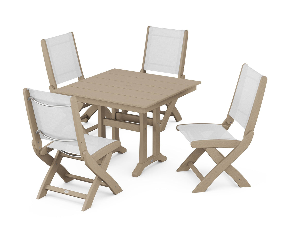 POLYWOOD Coastal Folding Side Chair 5-Piece Farmhouse Dining Set With Trestle Legs in Vintage Sahara / White