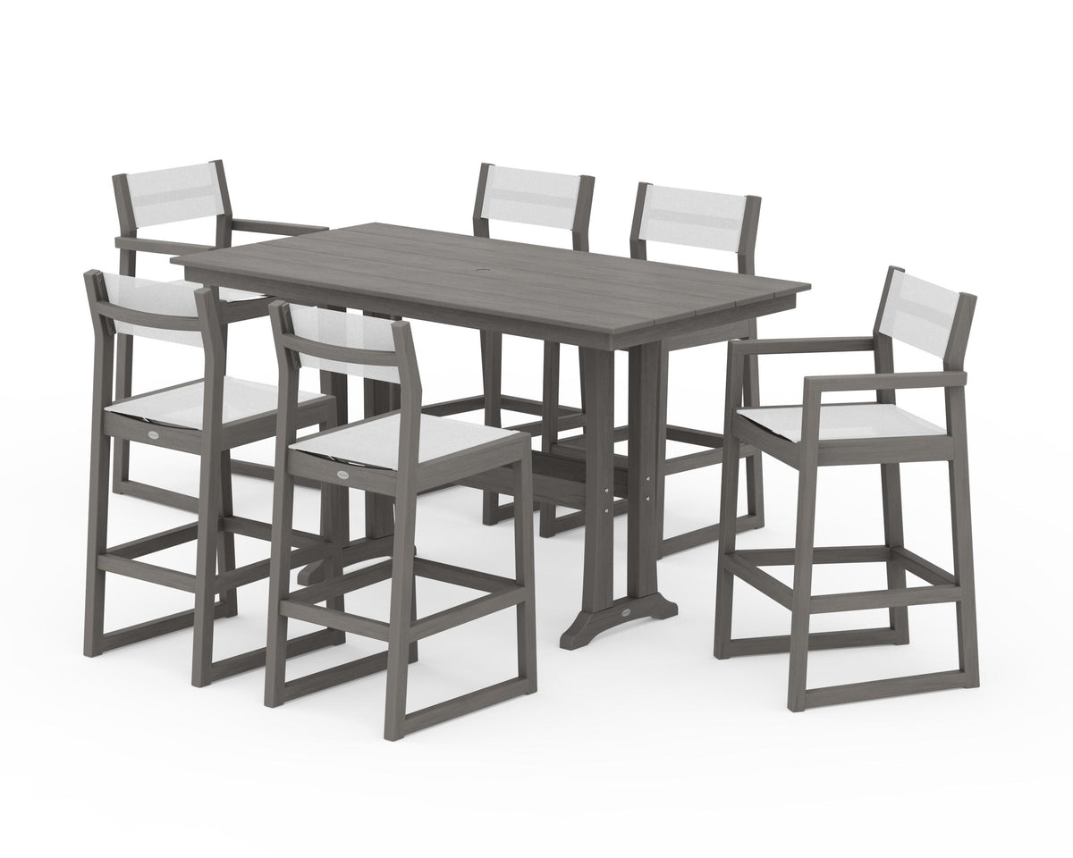 POLYWOOD EDGE Sling 7-Piece Farmhouse Bar Set with Trestle Legs in Driftwood / White