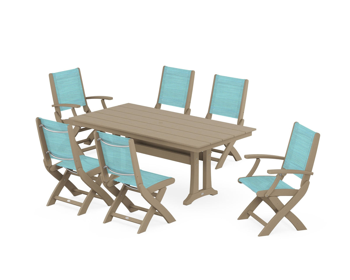 POLYWOOD Coastal Folding Chair 7-Piece Farmhouse Dining Set with Trestle Legs in Vintage Sahara / Dupioni Aquamarine