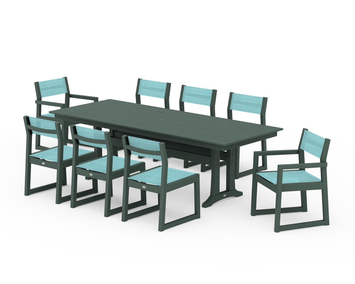 POLYWOOD EDGE Sling 9-Piece Farmhouse Trestle Dining Set in Green / Dupioni Aquamarine