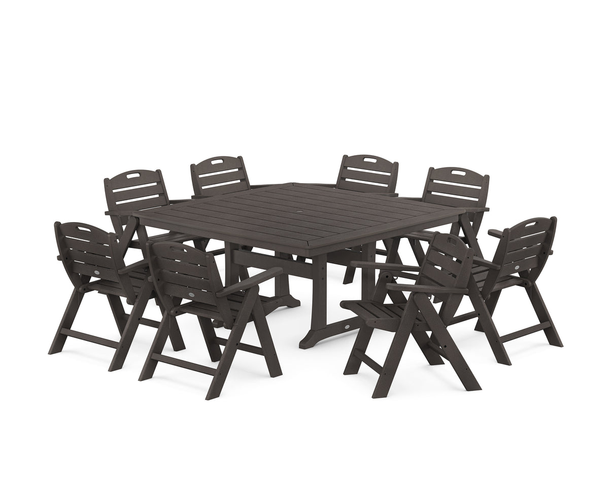 POLYWOOD Nautical Lowback 9-Piece Square Dining Set with Trestle Legs in Vintage Coffee