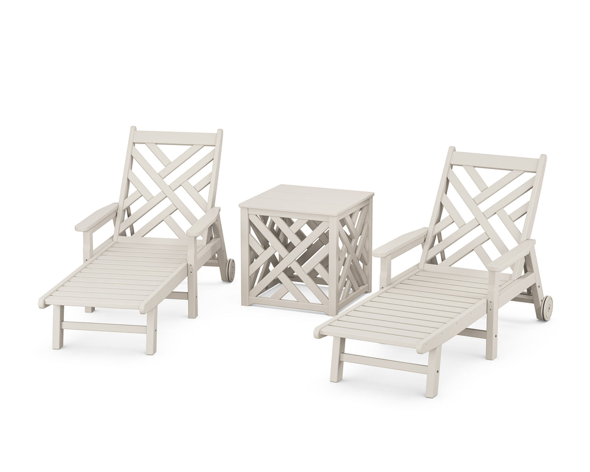 POLYWOOD Chippendale 3-Piece Chaise Set with Umbrella Stand Accent Table in Sand