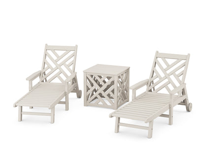 POLYWOOD Chippendale 3-Piece Chaise Set with Umbrella Stand Accent Table in Sand