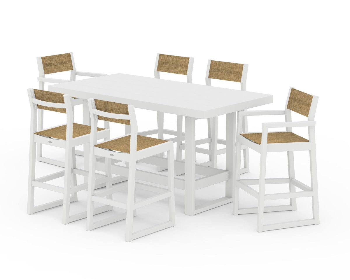 POLYWOOD EDGE Sling 7-Piece Bar Table Set in White / Burlap