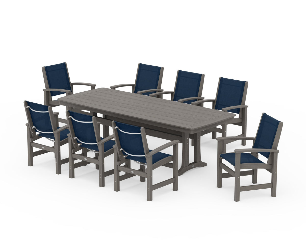 POLYWOOD Coastal 9-Piece Dining Set with Trestle Legs in Driftwood / Navy Blue