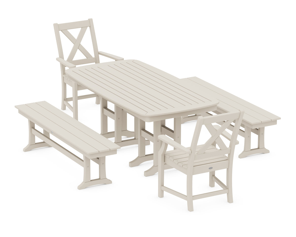 POLYWOOD Braxton 5-Piece Dining Set with Benches - 37" x 72" Table in Sand