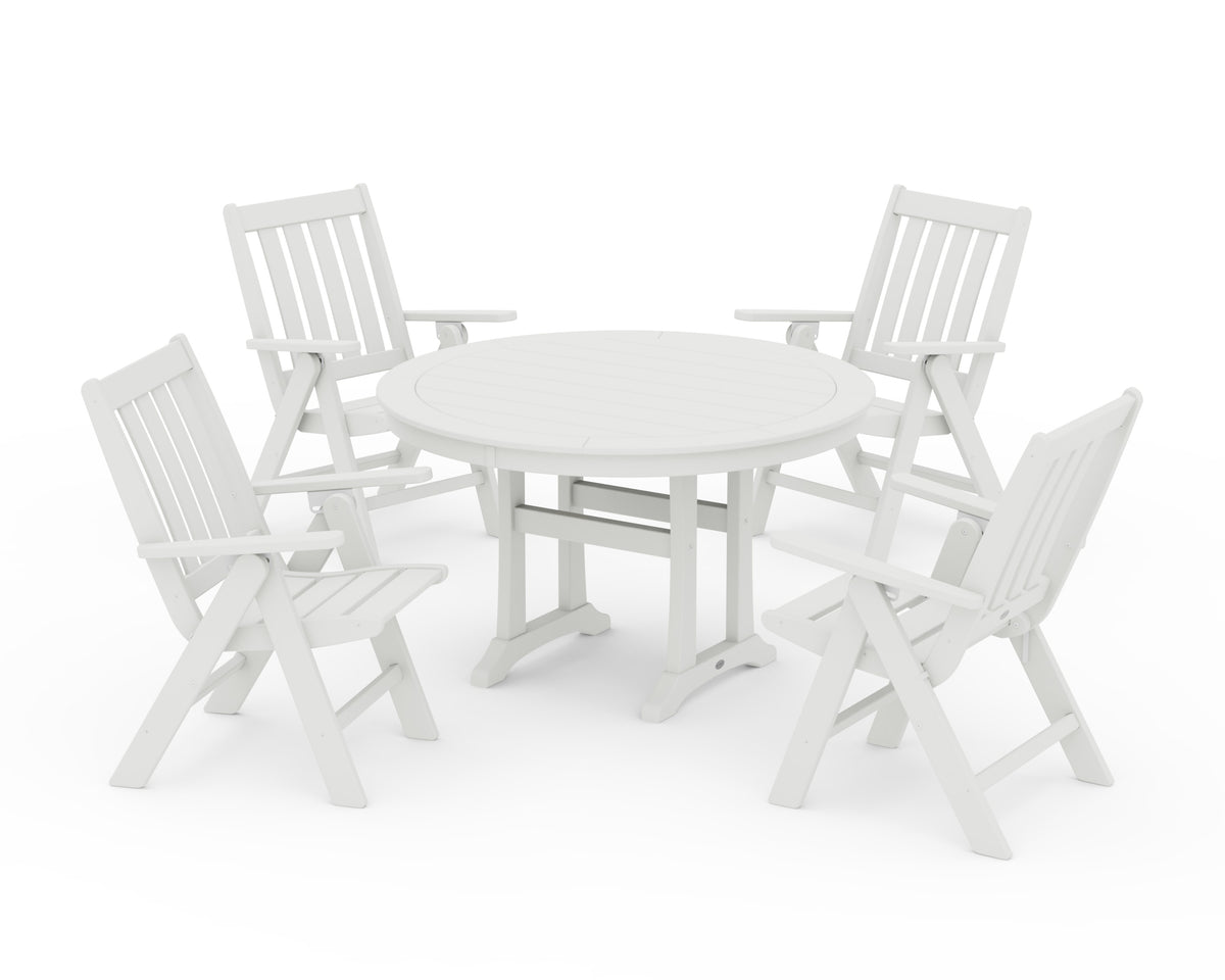 POLYWOOD Vineyard Folding Chair 5-Piece Round Dining Set with Trestle Legs in Vintage White