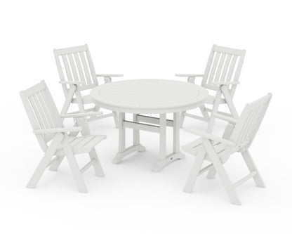 POLYWOOD Vineyard Folding Chair 5-Piece Round Dining Set with Trestle Legs in Vintage White