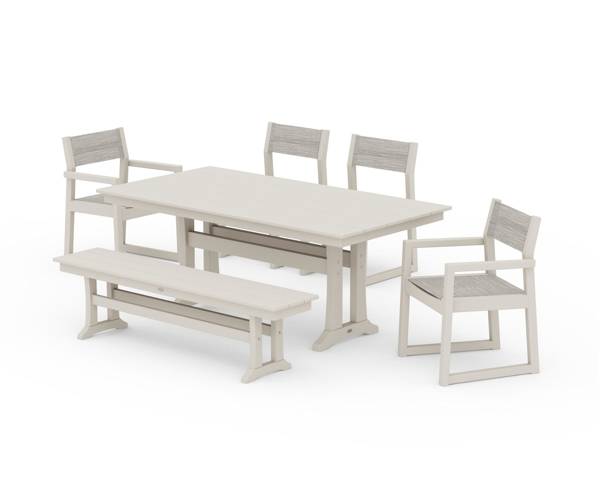 POLYWOOD EDGE Sling 6-Piece Farmhouse Dining Set With Trestle Legs in Sand / Birch