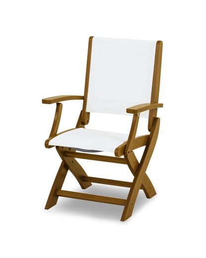POLYWOOD Coastal Folding Chair in Teak with Teak arms and White sling
