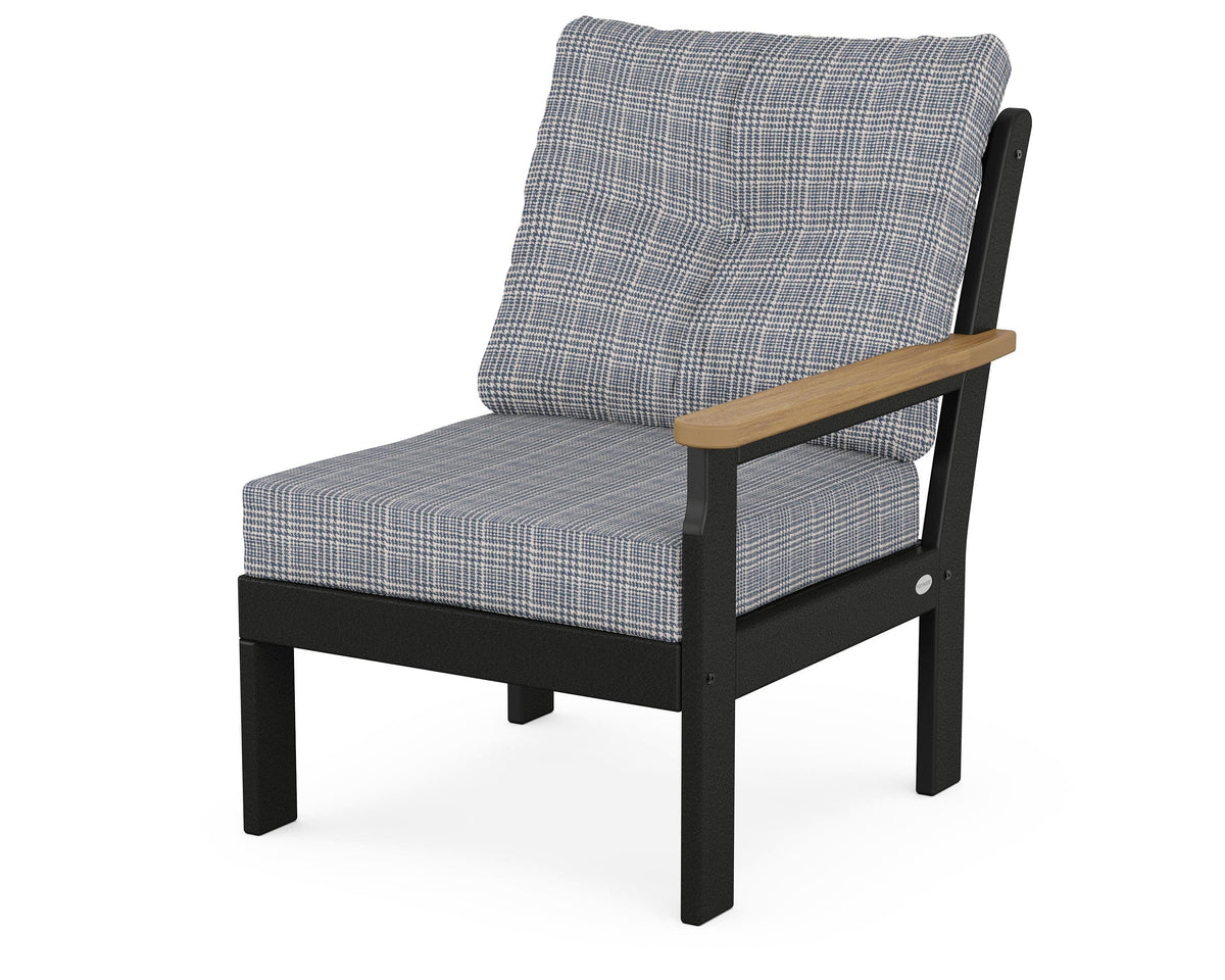 POLYWOOD Vineyard Modular Right Arm Chair in Black / Natural / Houndstooth Sky Blue