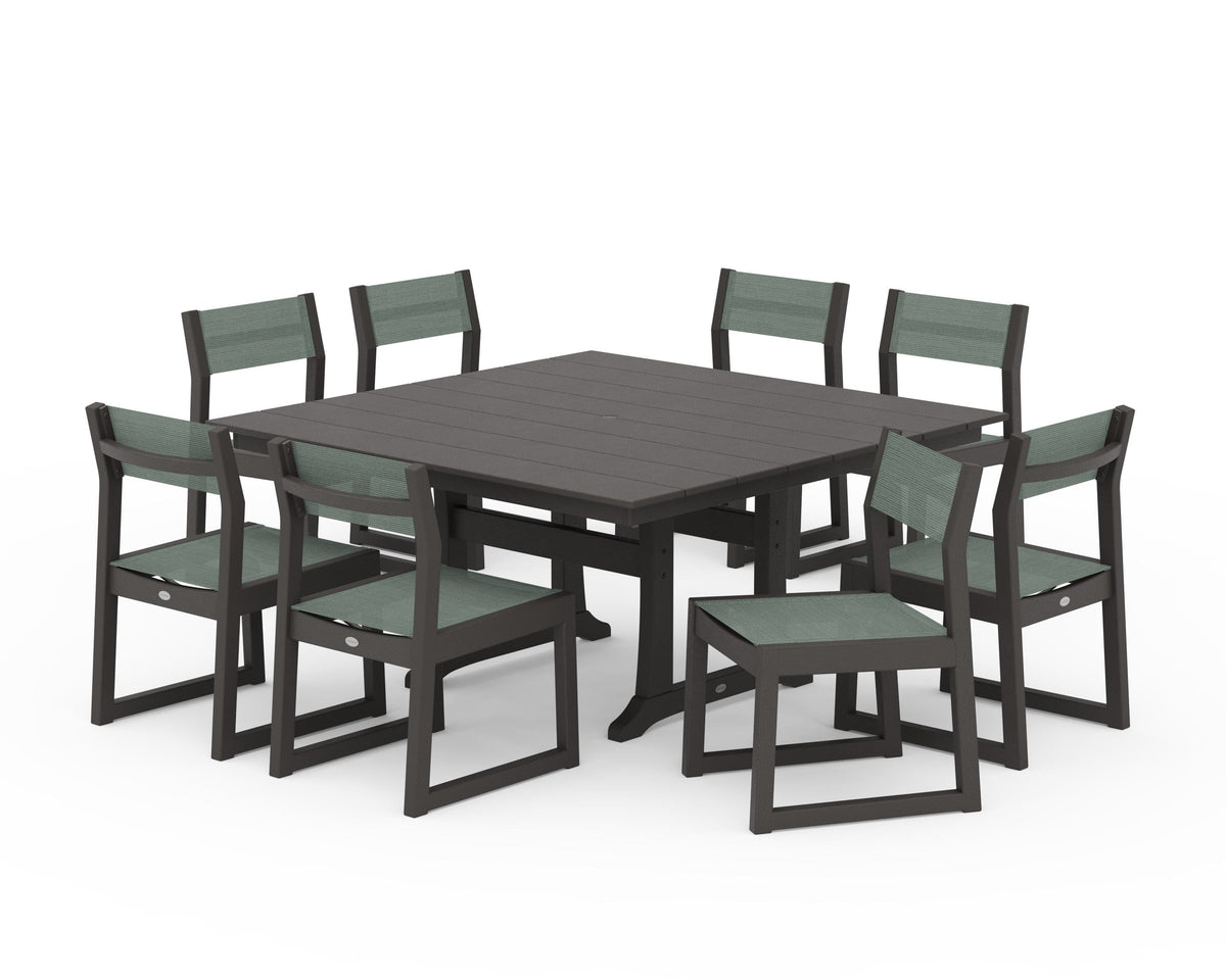 POLYWOOD EDGE Sling Side Chair 9-Piece Farmhouse Trestle Dining Set in Vintage Coffee / Dupioni Sea Mist