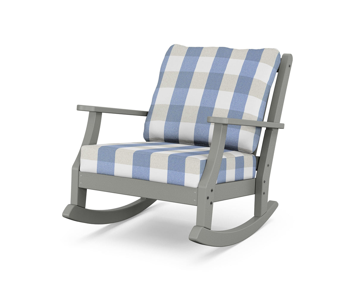 POLYWOOD Wovendale Deep Seating Rocking Chair in Slate Grey / Buffalo Plaid Sky Blue