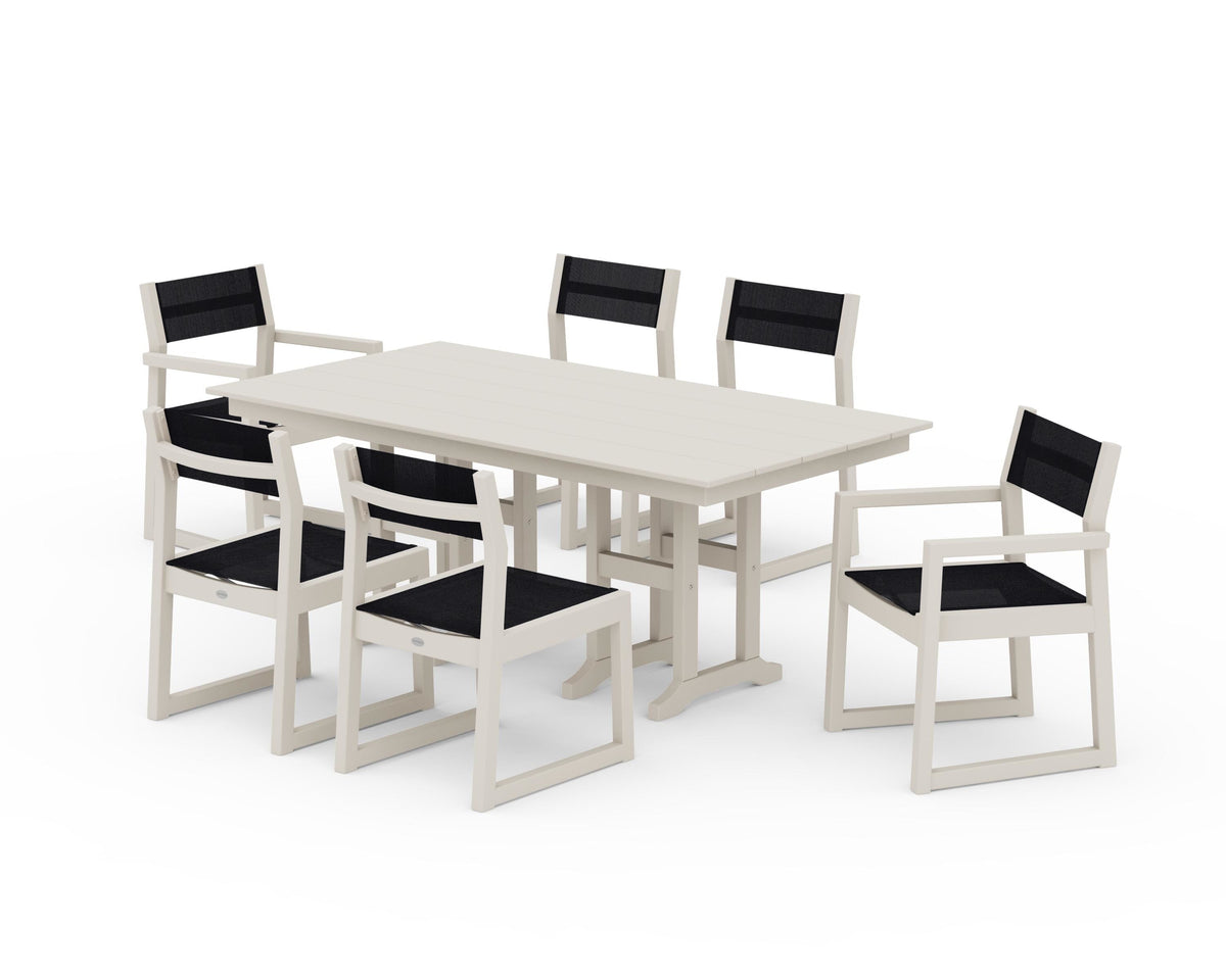 POLYWOOD EDGE Sling 7-Piece Farmhouse Dining Set in Sand / Black