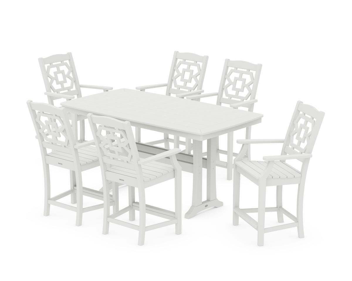 POLYWOOD Chinoiserie Arm Chair 7-Piece Counter Set with Trestle Legs in Vintage White