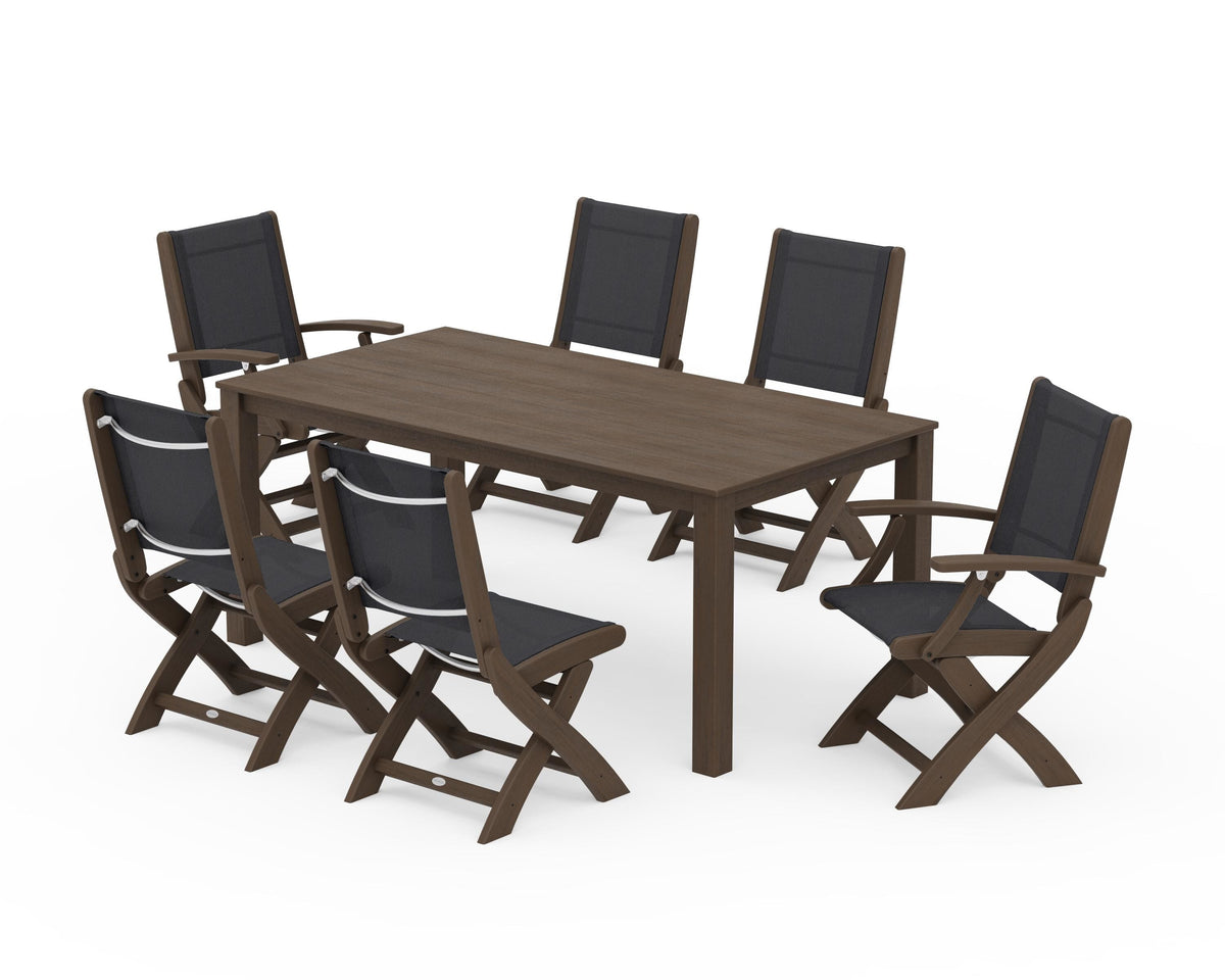 POLYWOOD Coastal Folding Chair 7-Piece Parsons Dining Set with Coastal Folding Side Chair in Kona / Black