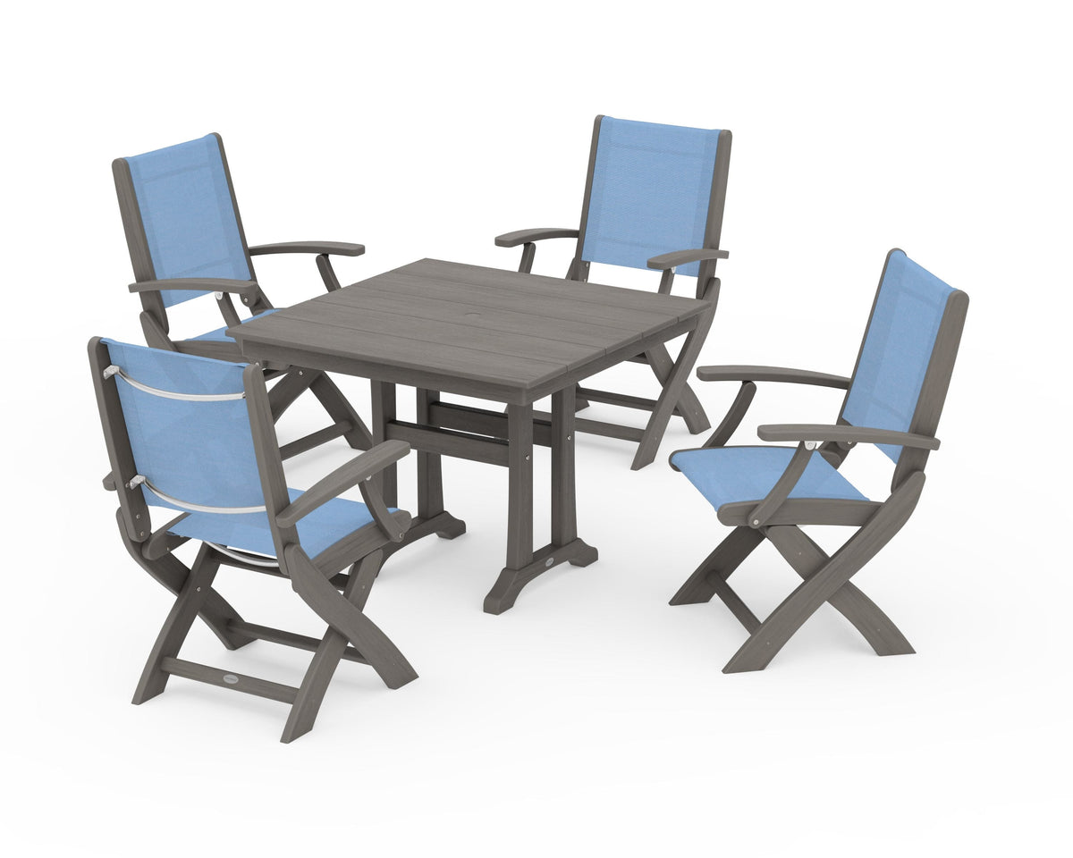 POLYWOOD Coastal Folding Chair 5-Piece Farmhouse Dining Set With Trestle Legs in Driftwood / Poolside
