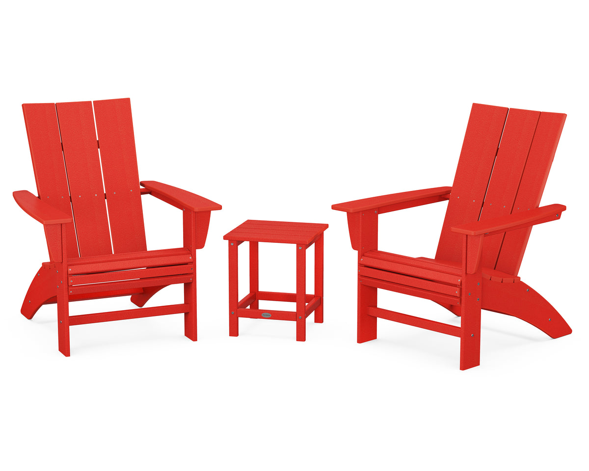 POLYWOOD Modern 3-Piece Curveback Adirondack Set With Long Island 18" Side Table in Sunset Red