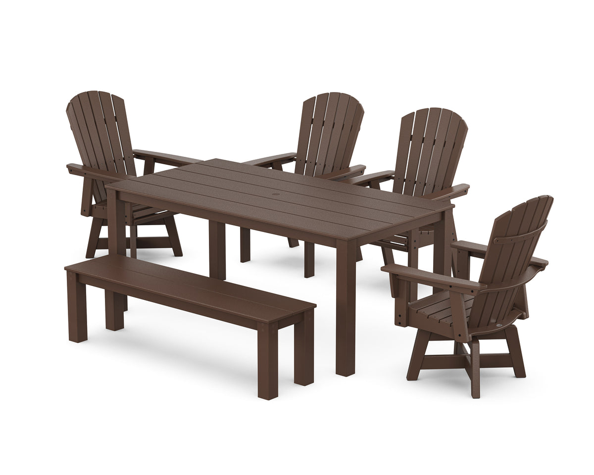 POLYWOOD Nautical Curveback Adirondack Swivel 6-Piece Parsons Dining Set with Bench in Mahogany