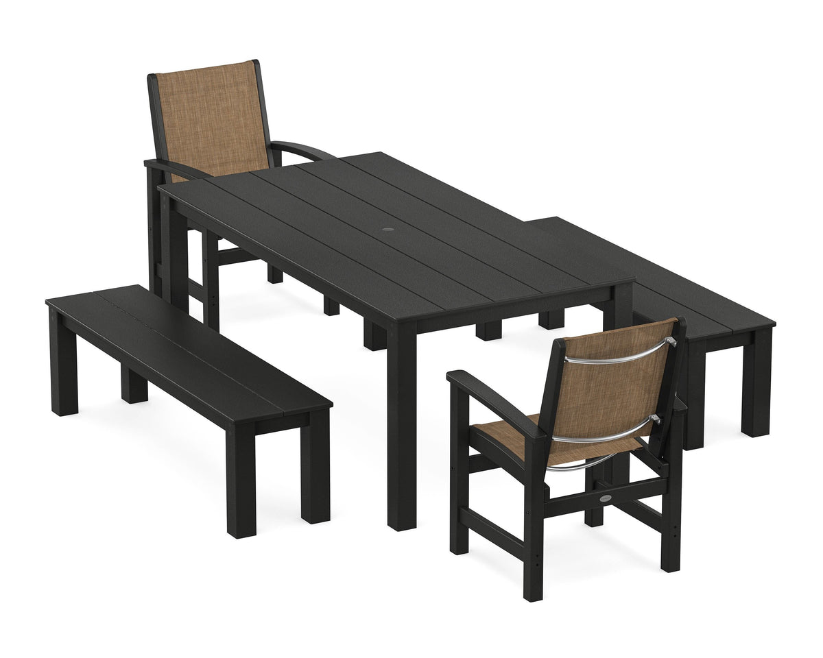 POLYWOOD Coastal 5-Piece Parsons Dining Set with Benches in Black / Burlap