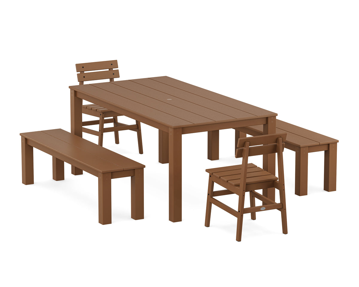POLYWOOD Modern Studio Plaza Chair 5-Piece Parsons Dining Set with Benches - 38" x 72" Table in Teak